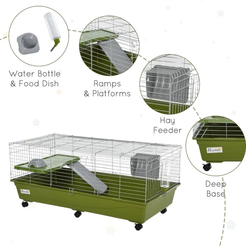 47 Small Animal Cage Chinchilla Guinea Pig Hutch Pet House With Platform Ramp, Food Dish, Wheels, & Water Bottle
