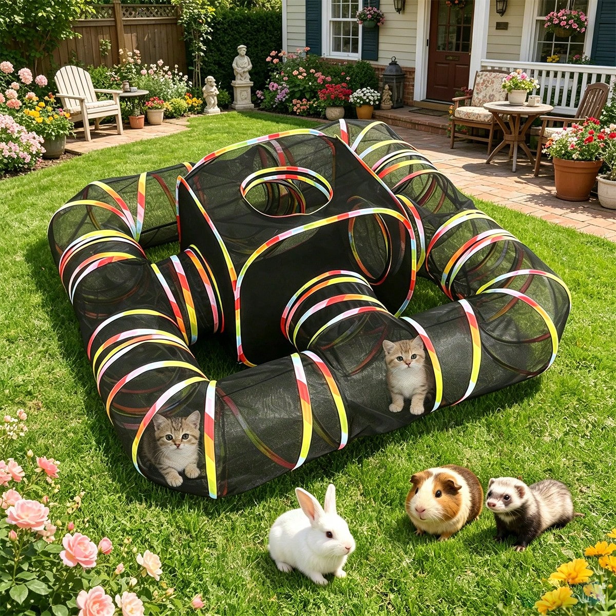 Outdoor Rainbow Cat Enclosure, 5 In 1 Portable Cat Tents For Outside Cage Free Outside Pet Enclosure Cat Tunnel Outdoor 