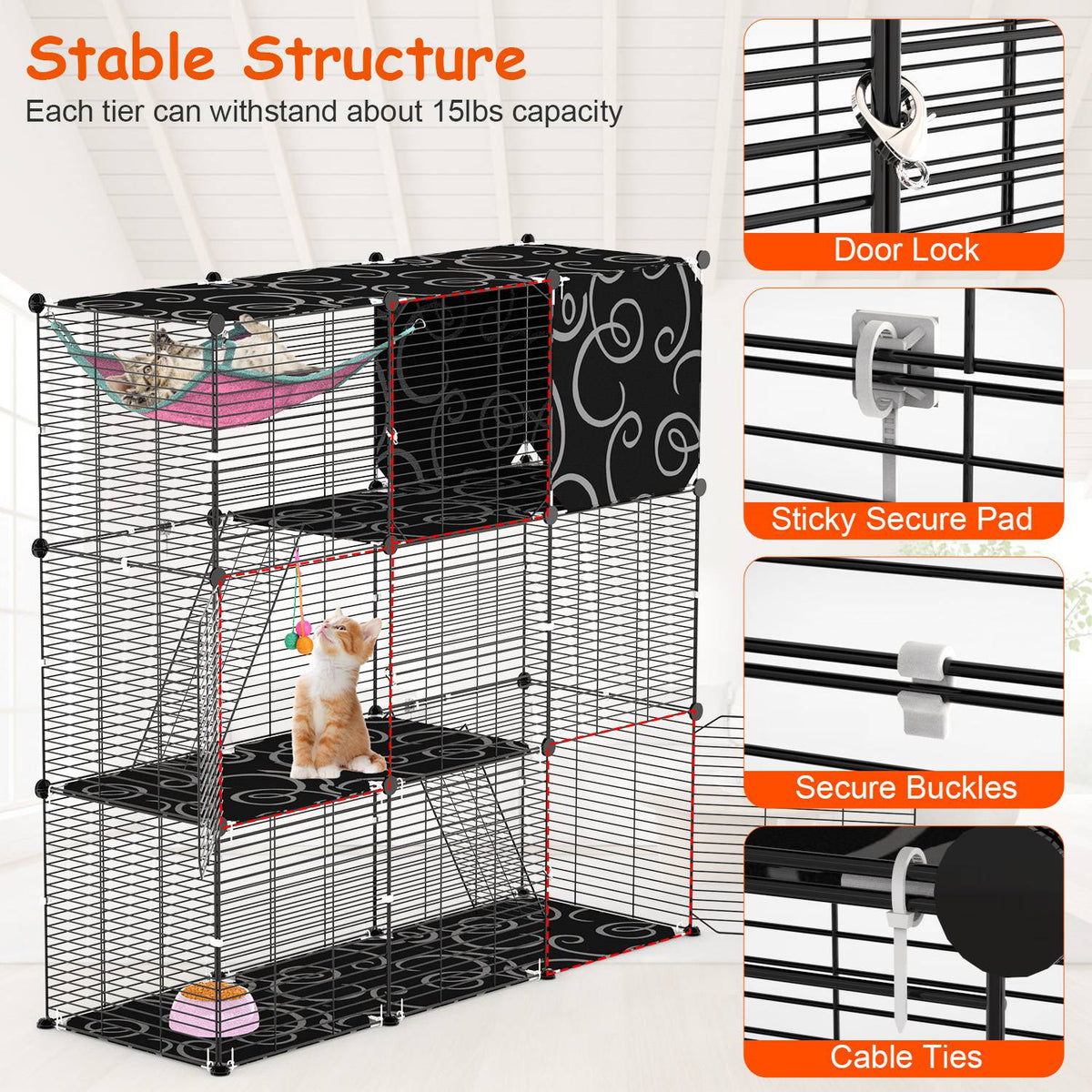 3-Tier Cat Cage Enclosure Indoor Cat Cage Playpen With Hammock Toy Ball Ladder DIY Iron Wire Cat House Kennels Crate For