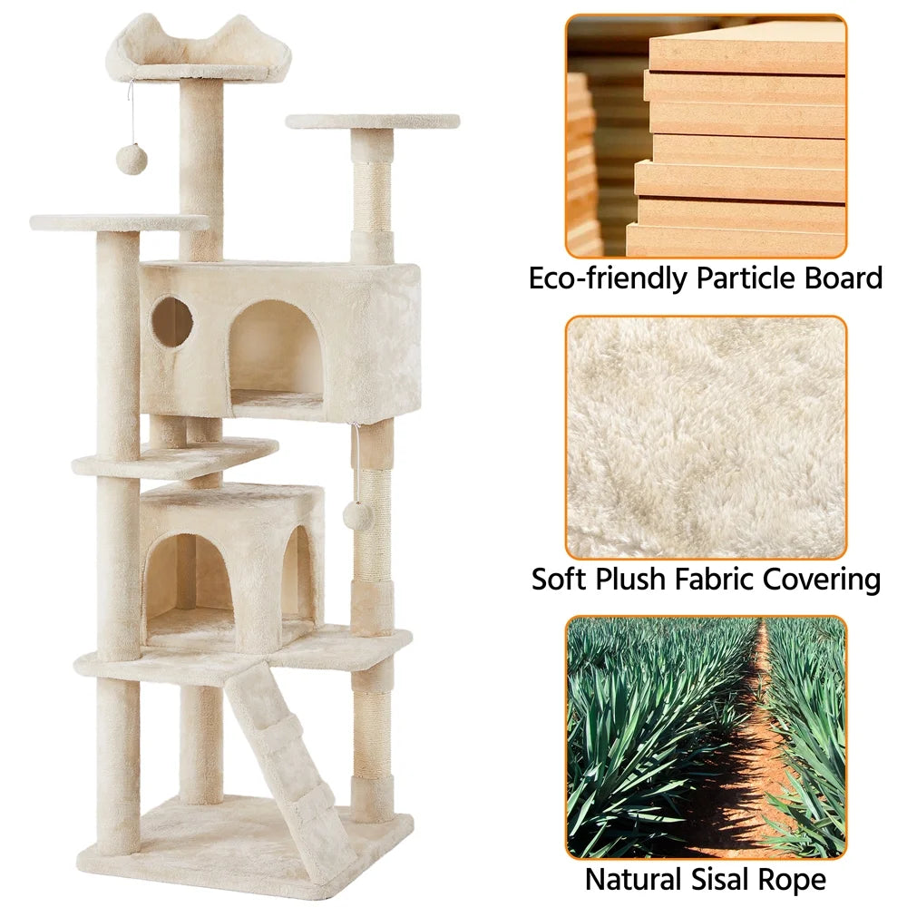 Ultimate 70" Double Condo Cat Tree with Scratching Posts - Creamy Comfort for Your Feline Friends! - BIG FRENCHIES