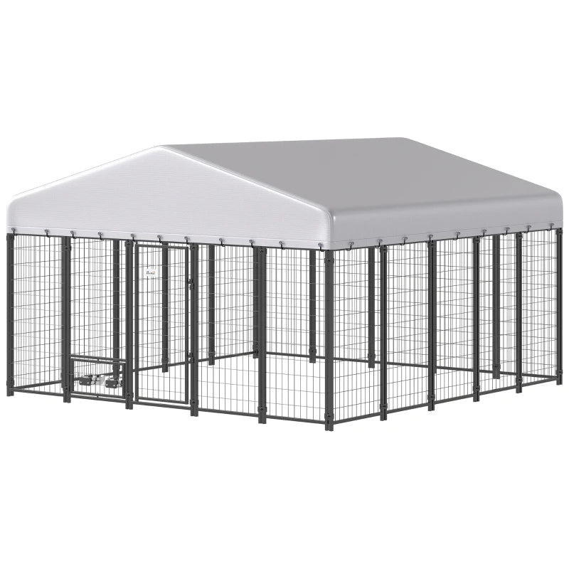 9.8' X 9.8' X 6'Outdoor Dog Kennel, Dog Kennel Outside Run With 360 Rotating Bowls, Waterproof & UV Resistant CoverMulti