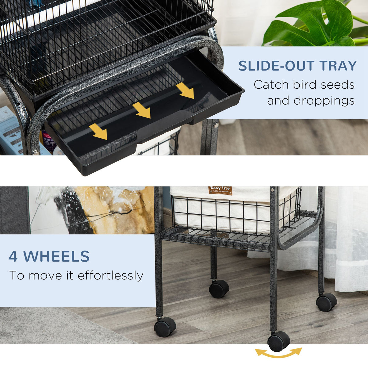 45-inch Metal Indoor Bird Cage, Parrot Cage, Bird Aviary with Detachable Rolling Stand, Storage Basket, and Accessories 