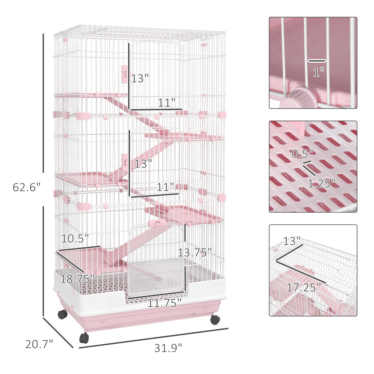 32"L 6-Level Small Animal Cage Rabbit Hutch with Universal Lockable Wheels, Slide-out Tray for Bunny, Chinchillas, Ferre