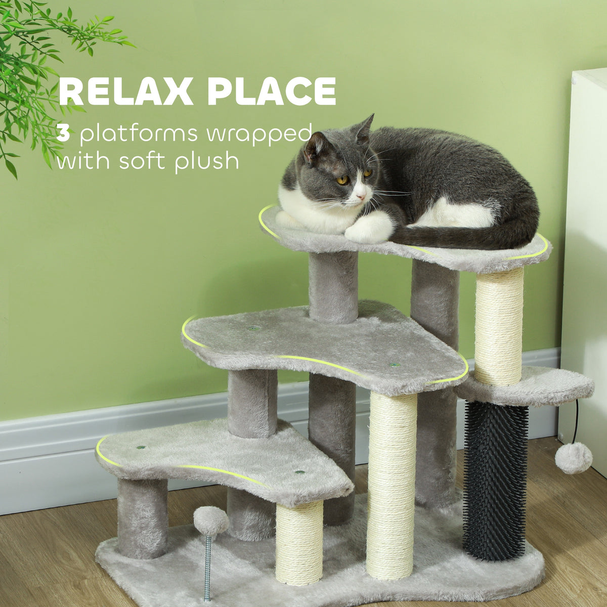 2 in 1 Cat Tree Tower 3-Step Pet Stairs with Scratching Posts, Tickling Post, Toy Balls, for High Beds, Couch
