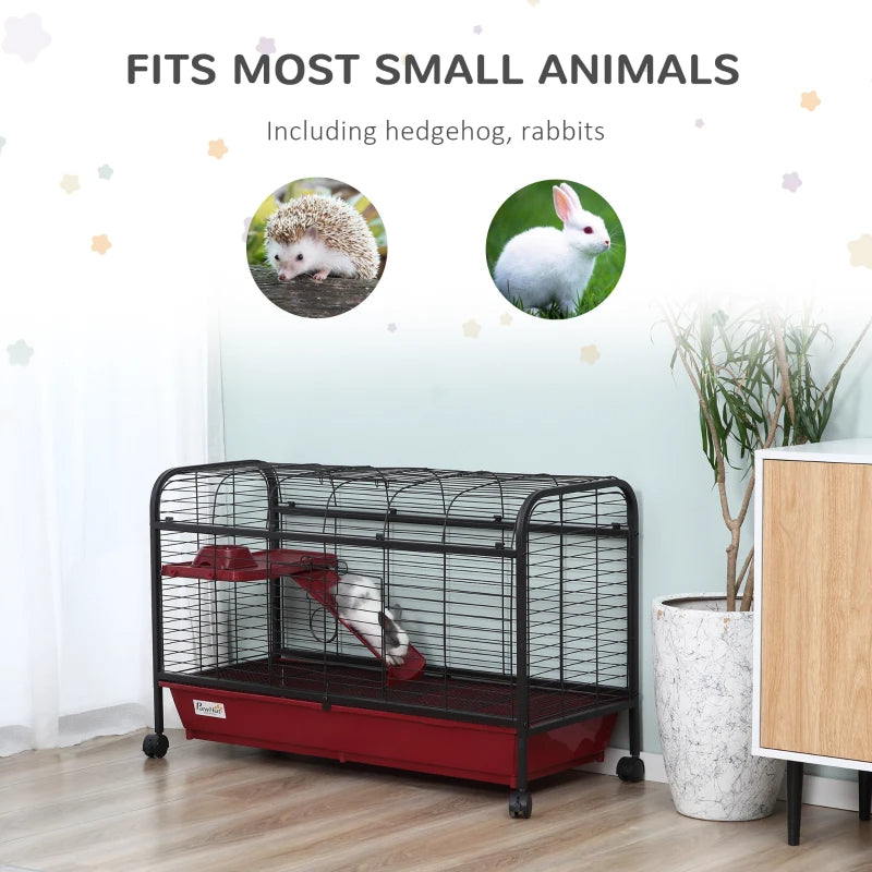 PawHut 41L Small Animal Cage, Pet Play House For Rabbit Hutch Ferret With Feeder, Rolling Wheels, Platform, Ramp