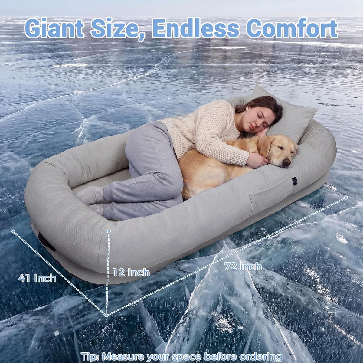 Cooling Human Dog Bed For Adults & Pets, Breathable Washable Floor Lounger, 72 In X 41 In X 12 In, Glacier Grey, Perfect