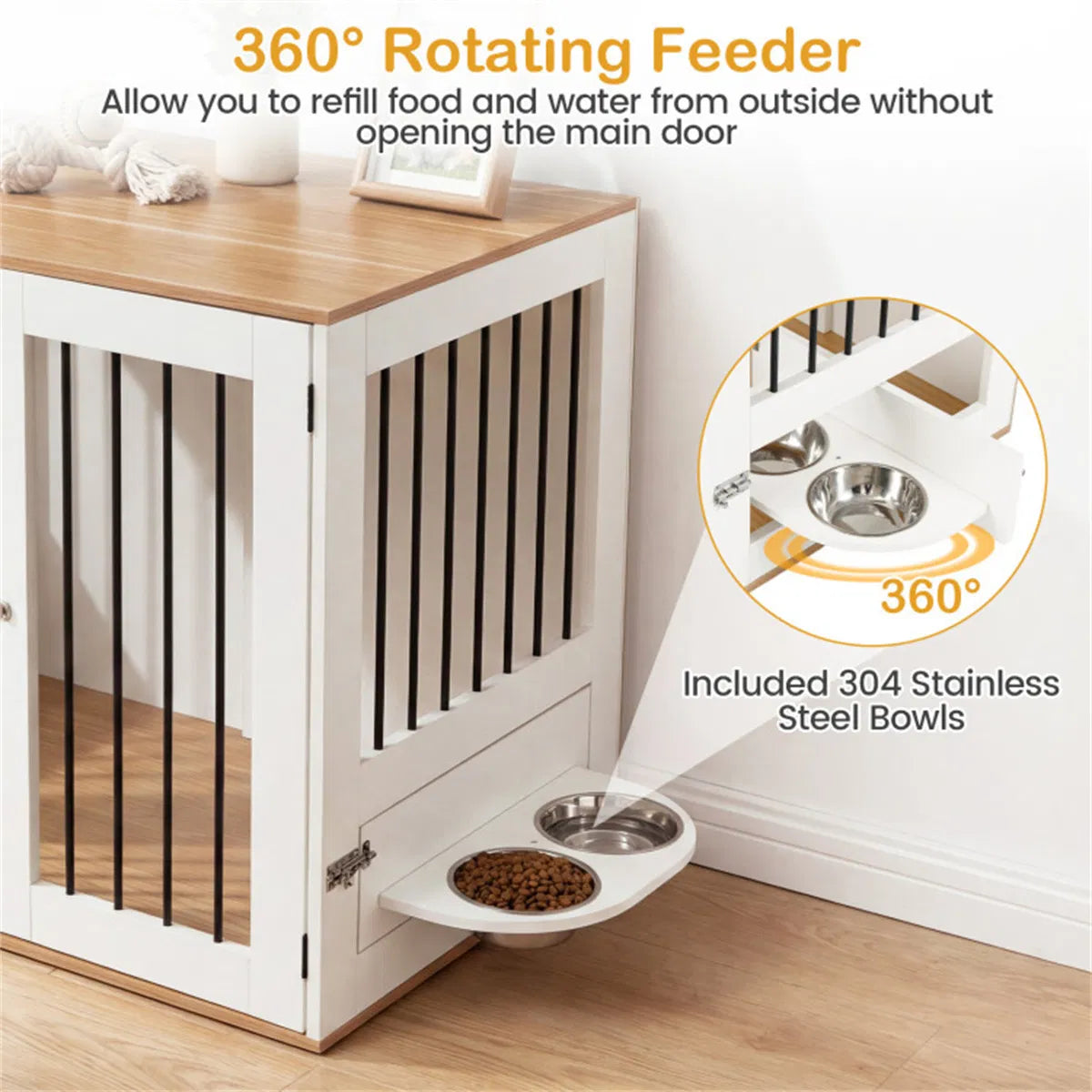 Furniture Style Dog Crate with 360° Rotating Feeder & 304 Stainless Steel Bowls, Double Locking Indoor Dog Kennel