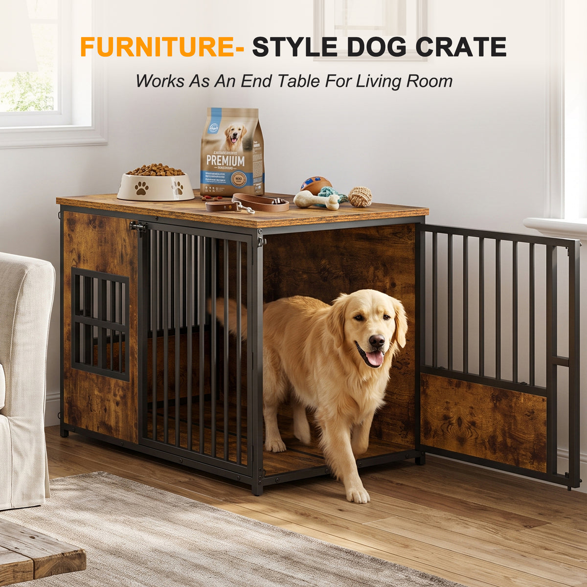 Wooden Dog Crate Furniture, Large Dog Kennel with Storage Top, Indoor Pet Cage