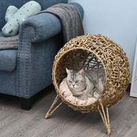 20.5" Weaved Cat Bed, Elevated Hand-woven Braided Banana Leaf Kitten House Condo with Cushion, Beige