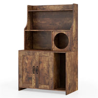 Wooden Hidden Cat Litter Box Enclosure with Storage Shelves Anti-Toppling Design Industrial Style Brown