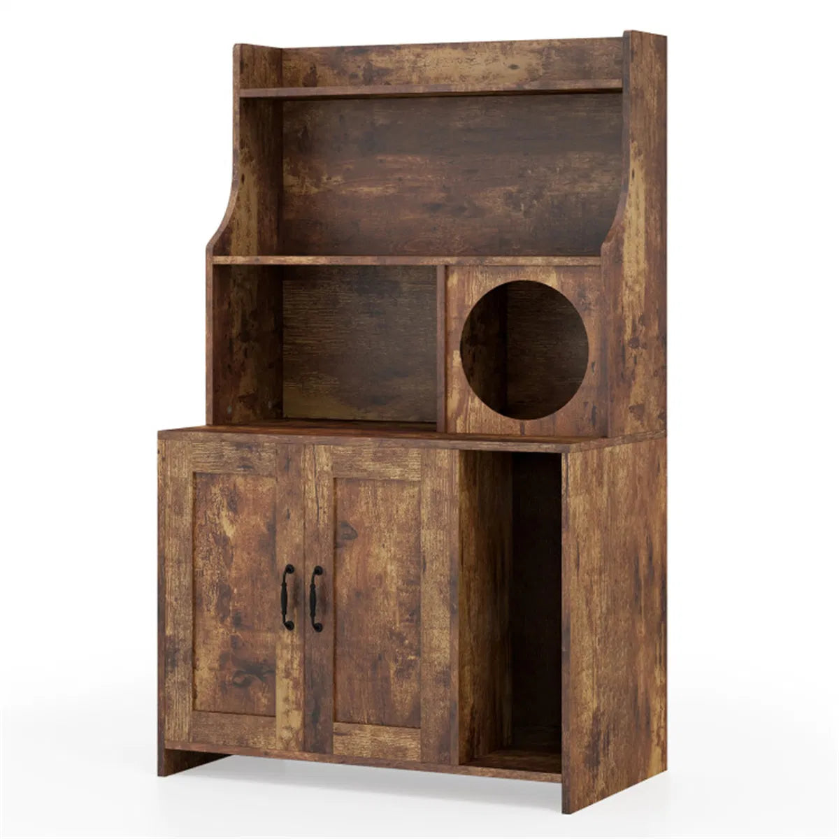 Wooden Hidden Cat Litter Box Enclosure with Storage Shelves Anti-Toppling Design Industrial Style Brown