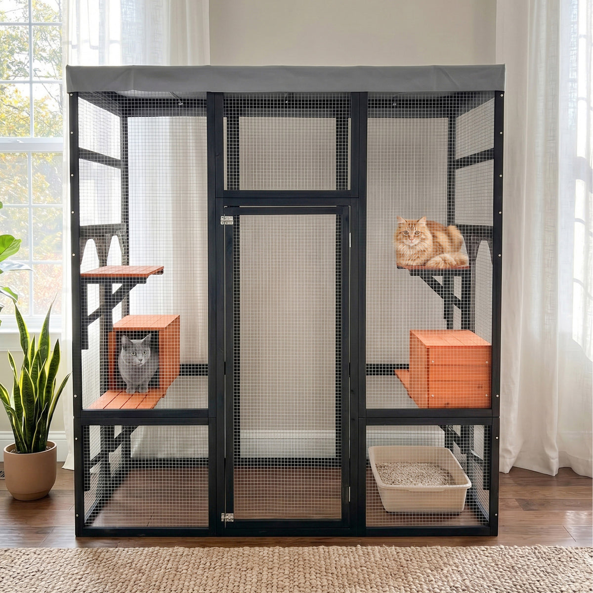 62.6" Black Wooden Catio for Cats, Large Cat Enclosure with Waterproof cover, 2 Napping House, Platforms & Galvanized Me