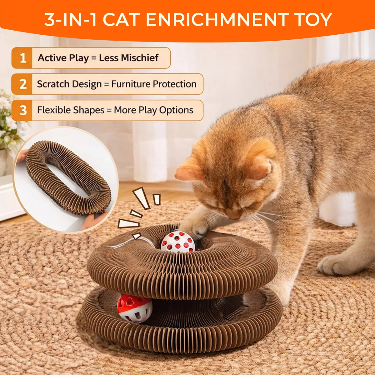 Kitty Curls Cat Toy - Foldable Accordion Cat Scratcher withBall - Magic Organ Cat Scratch Board for Interactive Play -Ca