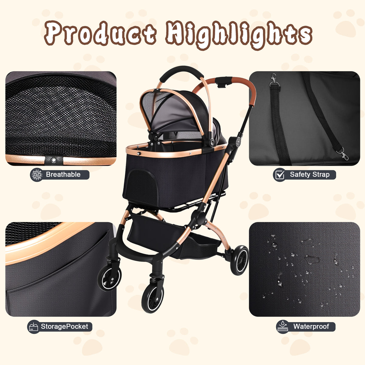Pet Stroller for Dogs and Cats, 2-in-1 Detachable Foldable 4 Wheels Pet Stroller, Quick One-Hand Fold, Storage Basket, D