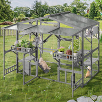 Large Outdoor Catio for 6-10 Cats, Pine Wood Cat Cage Outdoor with Weatherproof Roof, 6 Platforms, Climbing Ramp, 1 Rest