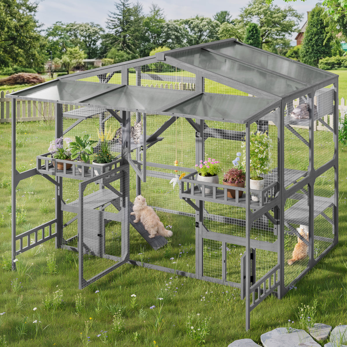 Large Outdoor Catio for 6-10 Cats, Pine Wood Cat Cage Outdoor with Weatherproof Roof, 6 Platforms, Climbing Ramp, 1 Rest