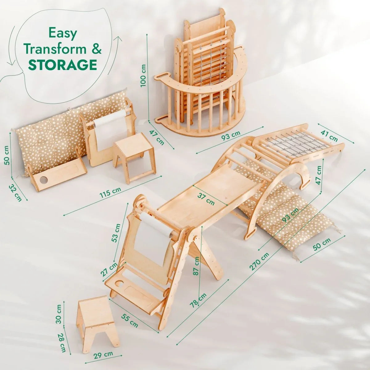 6in1 Montessori Climbing Set: Triangle Ladder + Arch/Rocker + Slide/Ramp + Net + Cushion + Art Addition - BIG FRENCHIES