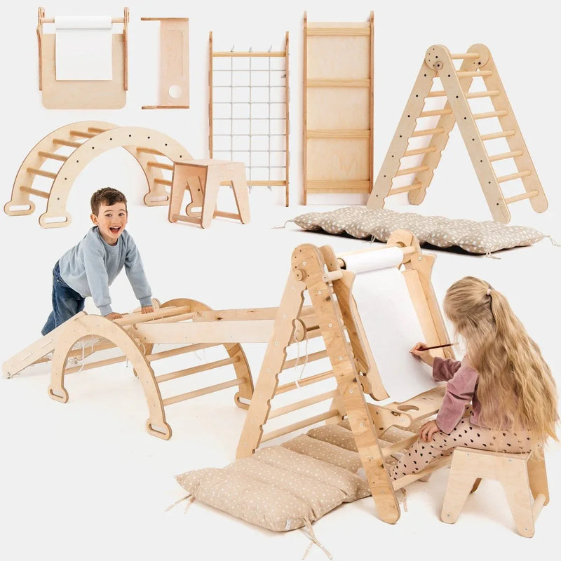 6in1 Montessori Climbing Set: Triangle Ladder + Arch/Rocker + Slide/Ramp + Net + Cushion + Art Addition - BIG FRENCHIES