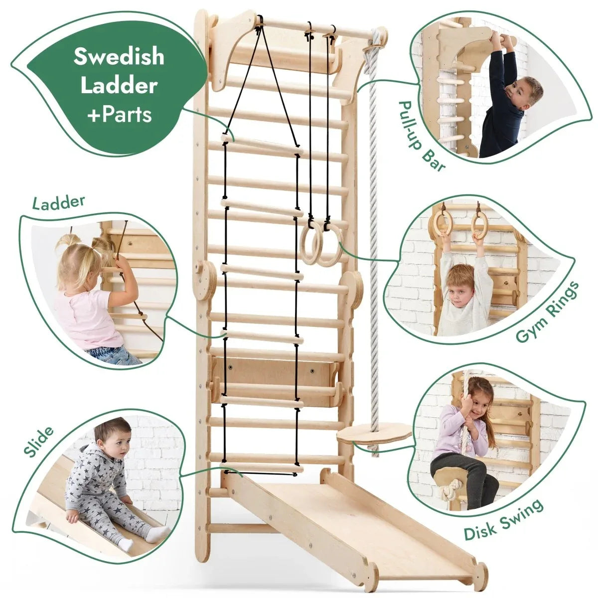 6in1 Wooden Swedish Wall / Climbing ladder for Children + Swing Set + Slide Board - BIG FRENCHIES