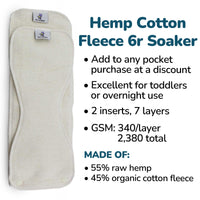 6r Soaker Insert Set | Raw Hemp Cotton Fleece - 7 Layer Overnight & Heavy Wetter