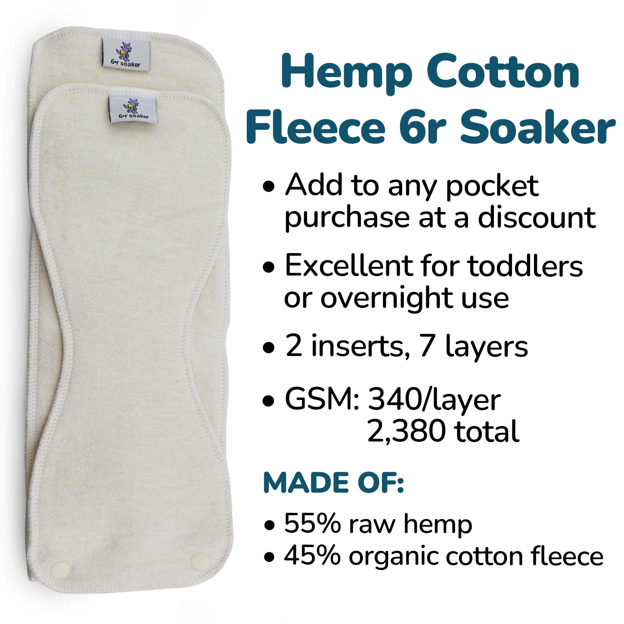 6r Soaker Insert Set | Raw Hemp Cotton Fleece - 7 Layer Overnight & Heavy Wetter