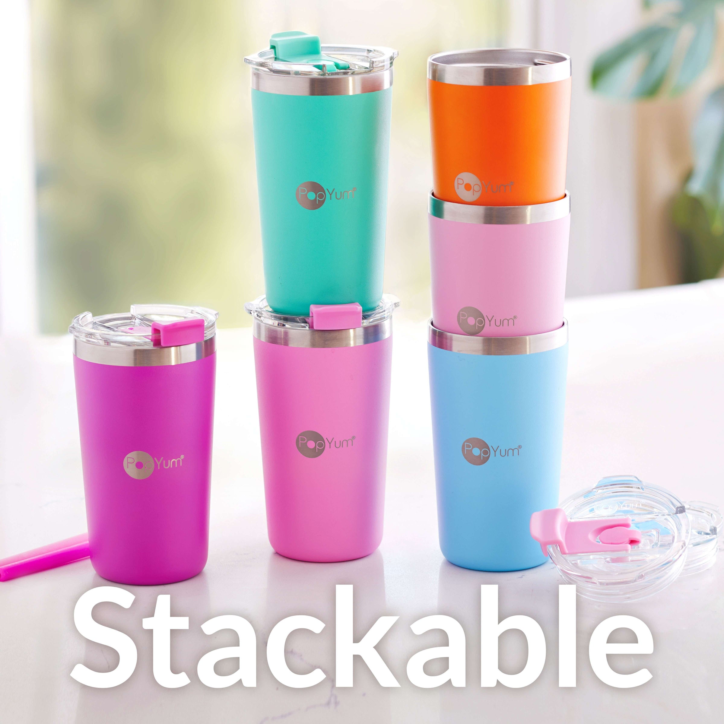PopYum 13oz Insulated Stainless Steel Kids’ Cups with Lid and Straw, 2-Pack, Blue & Pink, stackable, sippy, baby, child, toddler, tumbler