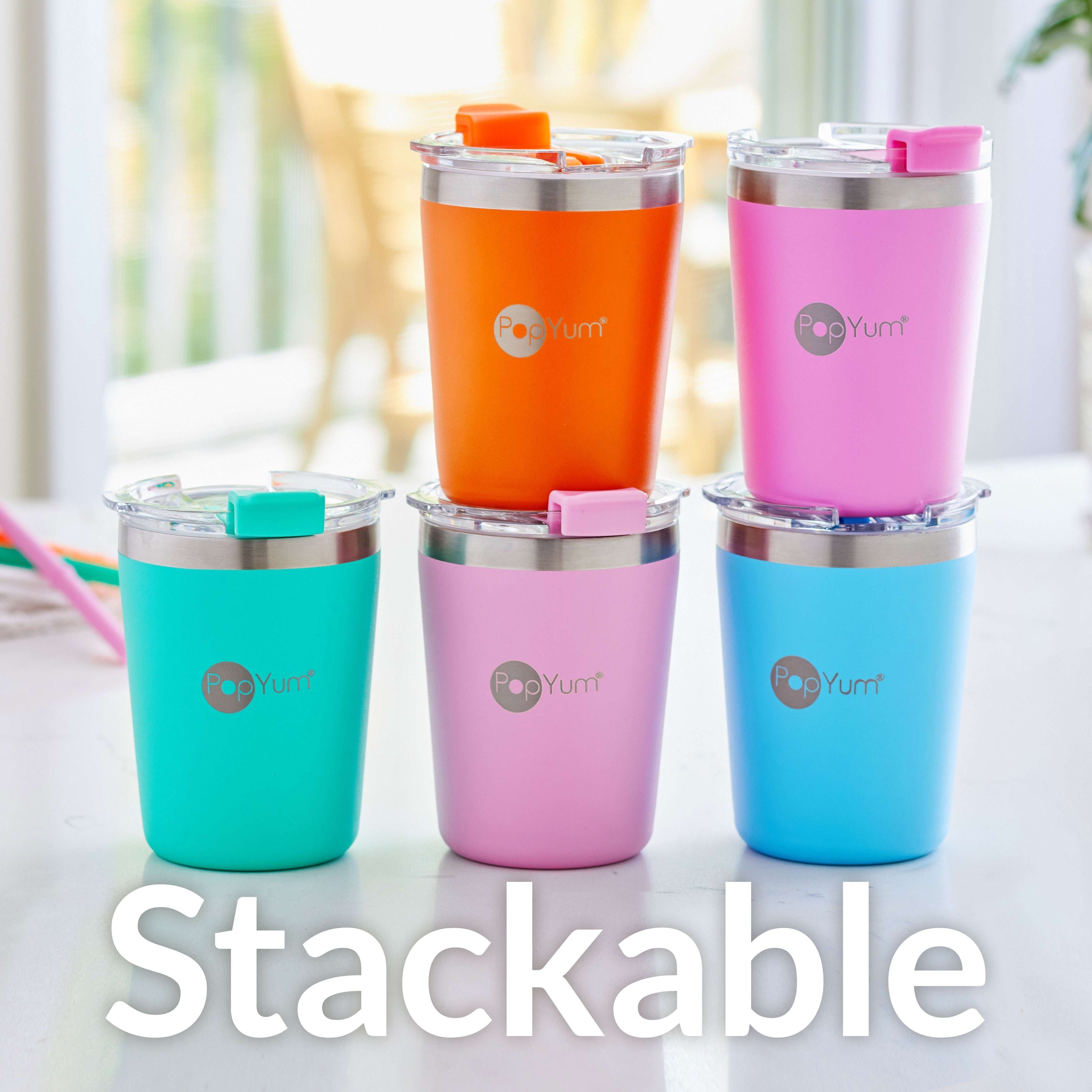 PopYum 9oz Insulated Stainless Steel Kids’ Cups with Lid and Straw, 2-Pack, Purple & Pink, stackable, sippy, baby, child, toddler, tumbler