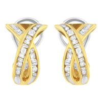 14K Yellow and White Gold 1/2 TDW "X" Shape Cross Over Diamond Hoop Earrings (I-J, I2-I3)