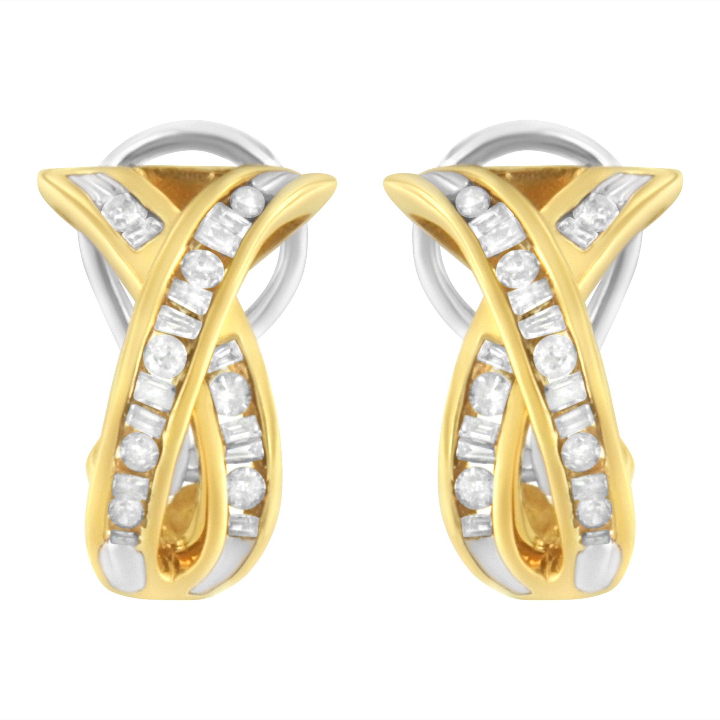 14K Yellow and White Gold 1/2 TDW "X" Shape Cross Over Diamond Hoop Earrings (I-J, I2-I3)
