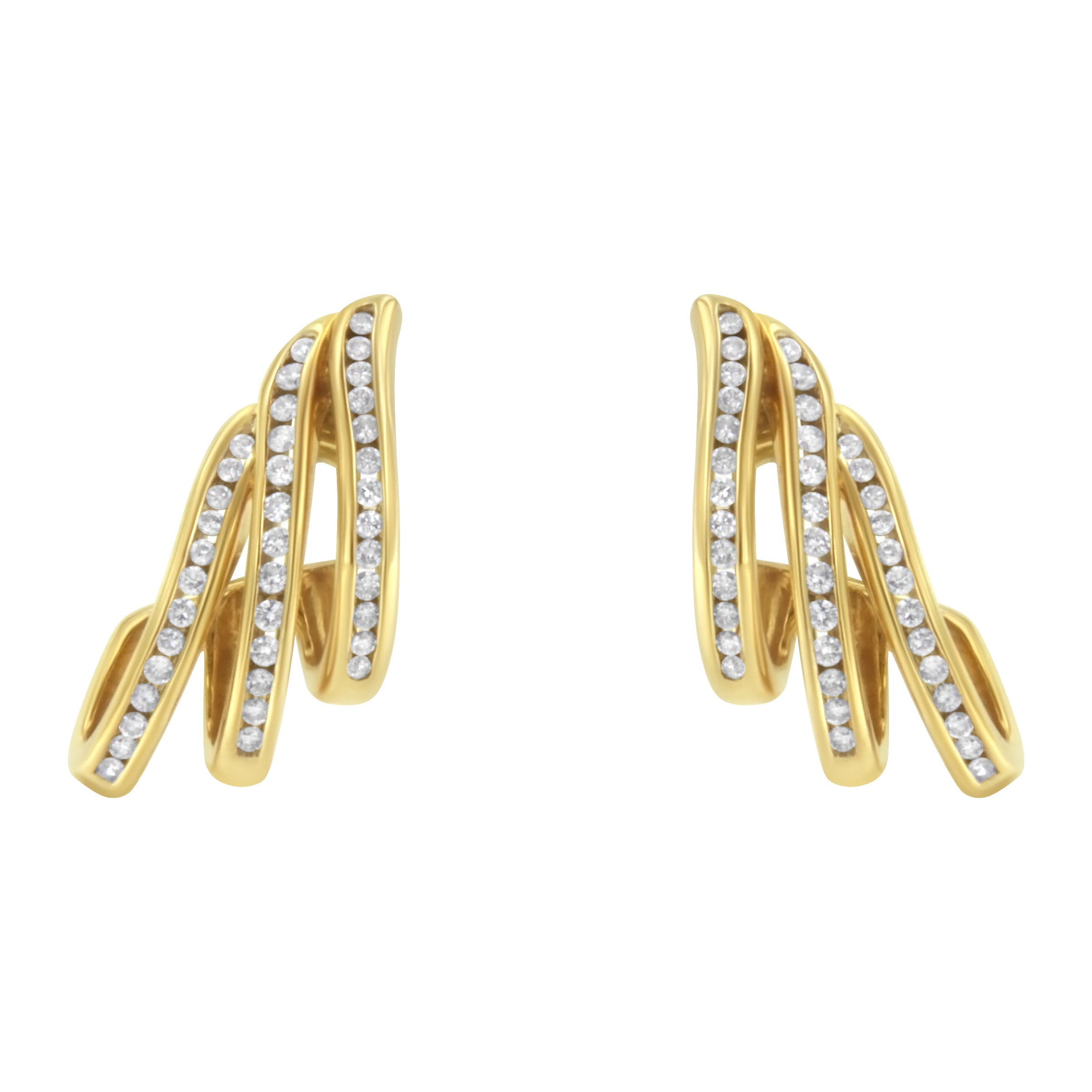 10K Yellow Gold 1.0 Cttw Round Brilliant Cut Diamond Spiral Multi Row Channel Set Open Hoop Pushback Stud Earrings (H-I Color, I1-I2 Clarity)