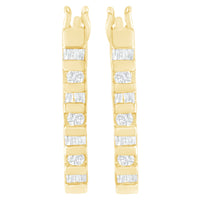 10K Yellow Gold Round and Baguette Cut Diamond Oblong Hinged Leverback Hoop Earrings (Â¼ Cttw, I-J Color, I2-I3 Clarity)