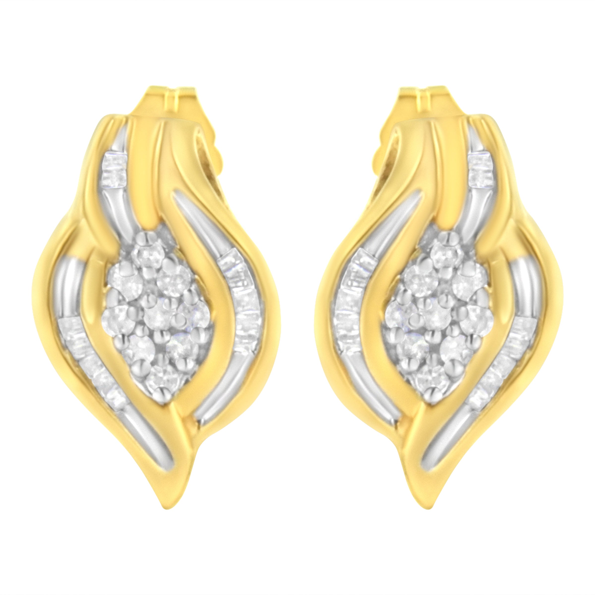 10K Yellow Gold 1/3 cttw Round-Cut Diamond Cluster and Swirl Stud Earrings (J-K Clarity, I2-I3 Color)