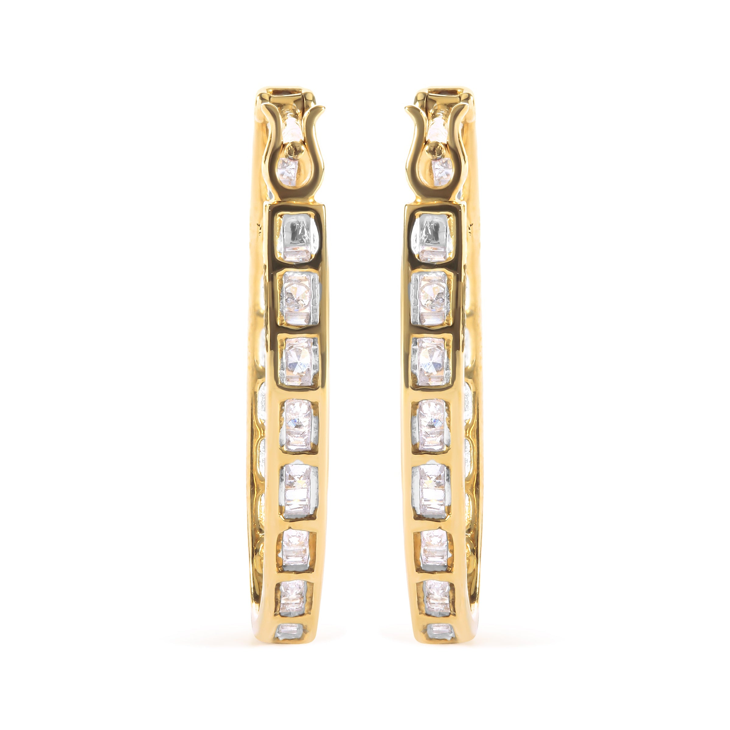 10K Yellow Gold 1.00 Cttw Round and Baguette-Cut Diamond U-Hoop Earrings (H-I Color, SI2-I1 Clarity)