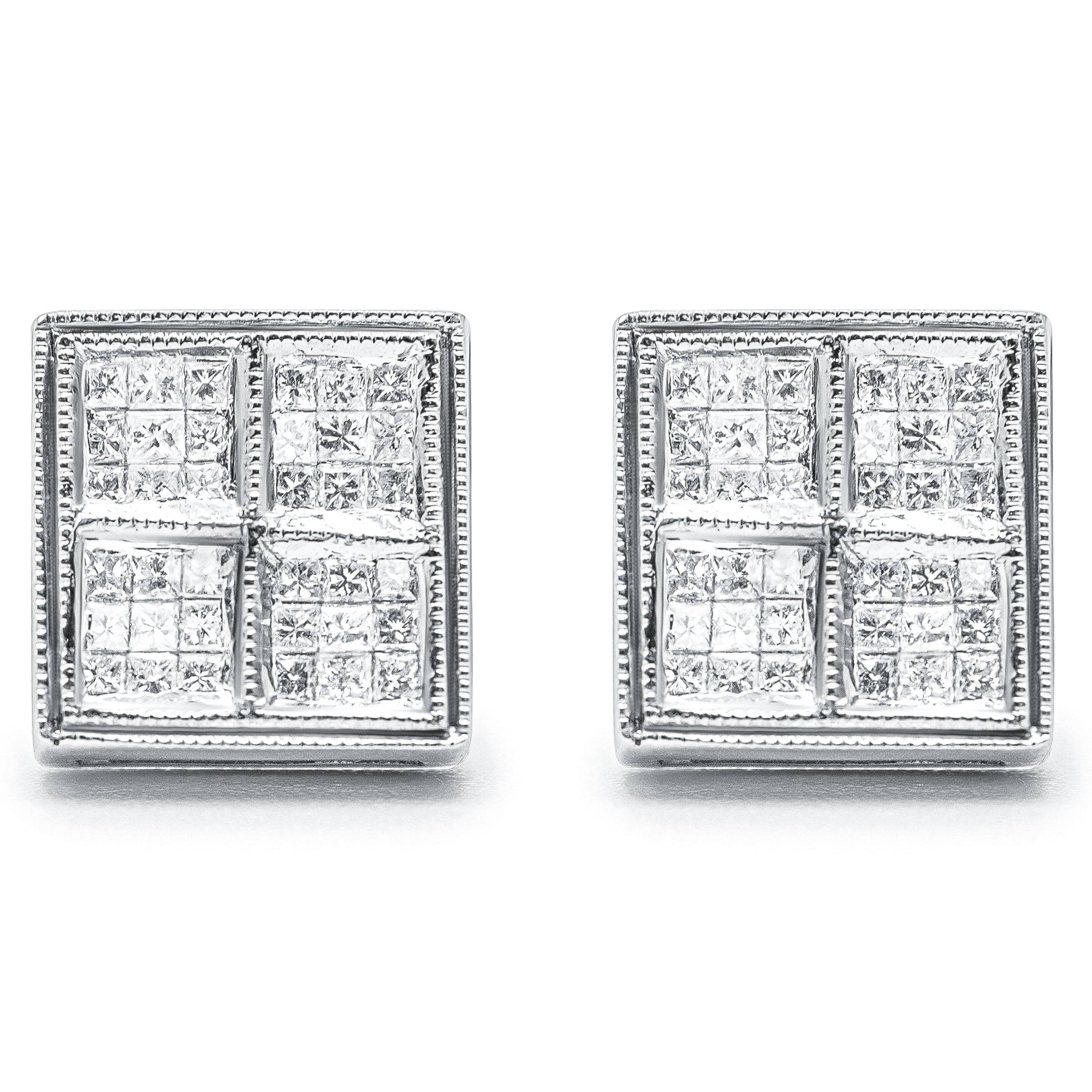 14K White Gold 1/2 Cttw Princess Diamond Composite Box Shape Milgrain Stud Earrings (H-I Color, SI1-SI2 Clarity)