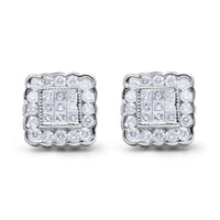 14K White Gold 1.0 Cttw Round Brilliant & Princess Cut Diamond Scallop-Edge Framed Square Halo Stud Earrings (G-H Color, SI1-SI2 Clarity)