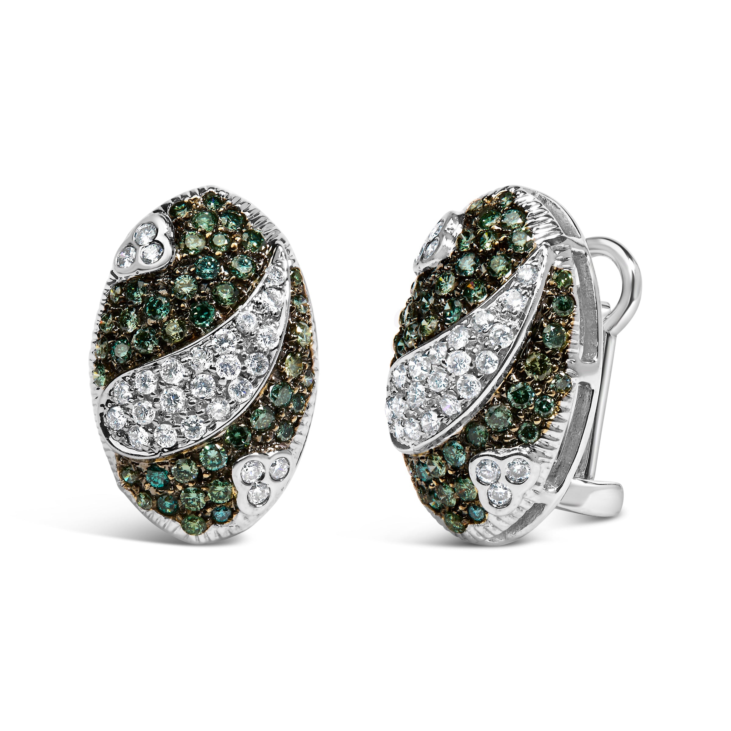 14K White Gold 2.00 Cttw White and Treated Blue Diamond Oval Shield Omega Back Earrings (H-I Color, SI1-SI2 Clarity)