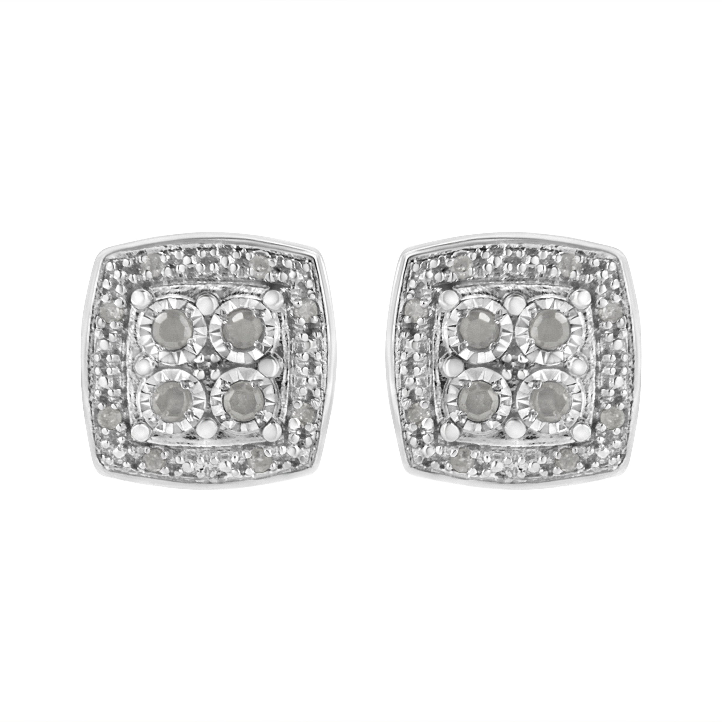 .925 Sterling Silver 1/4 cttw Round Cut Diamond Square Shape Milgrain Stud Earrings (I-J Color, I3 Clarity)