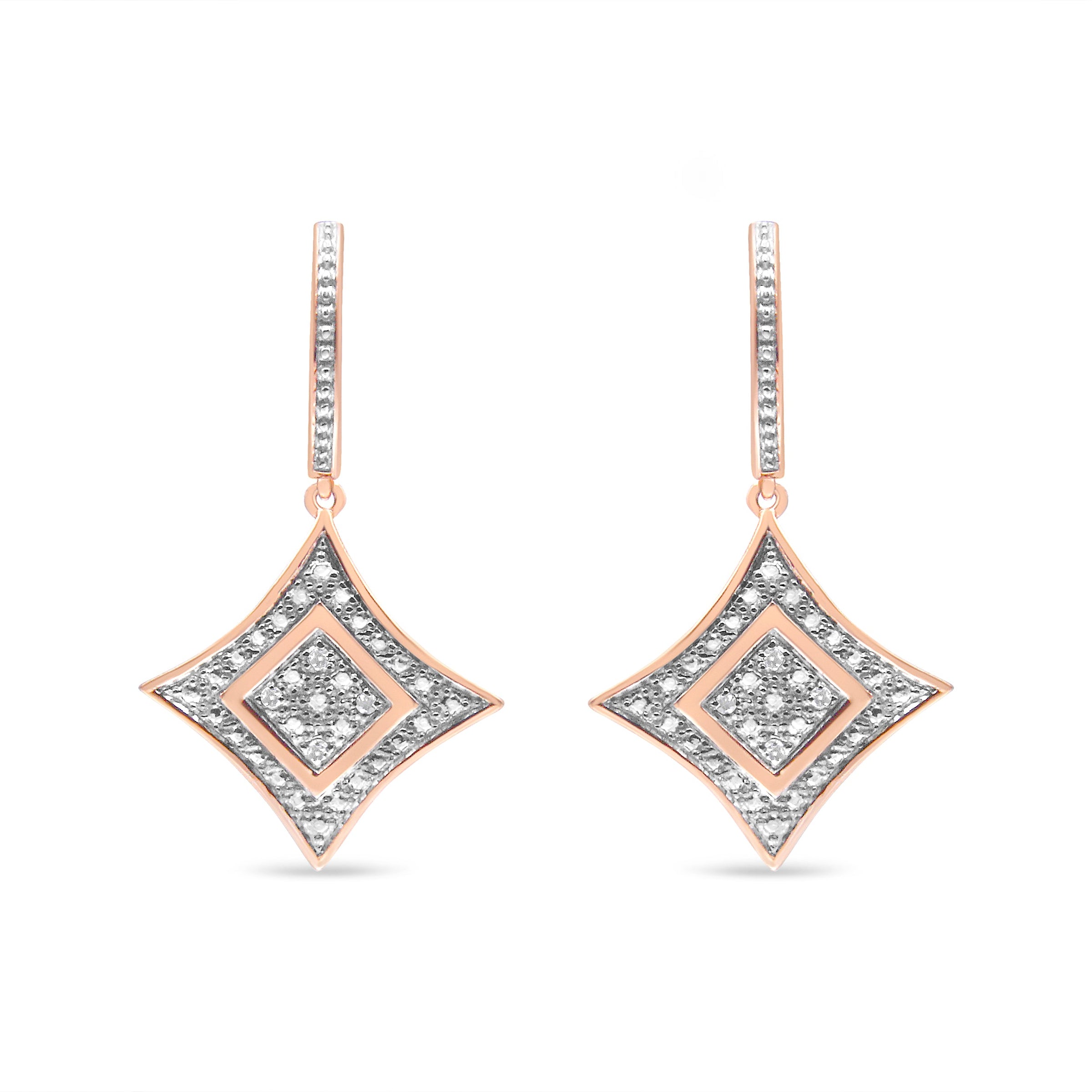 10K Rose Gold Plated Sterling Silver Round Cut Diamond Cushion Dangle Earrings (0.04 cttw, H-I Color, I2-I3 Clarity)