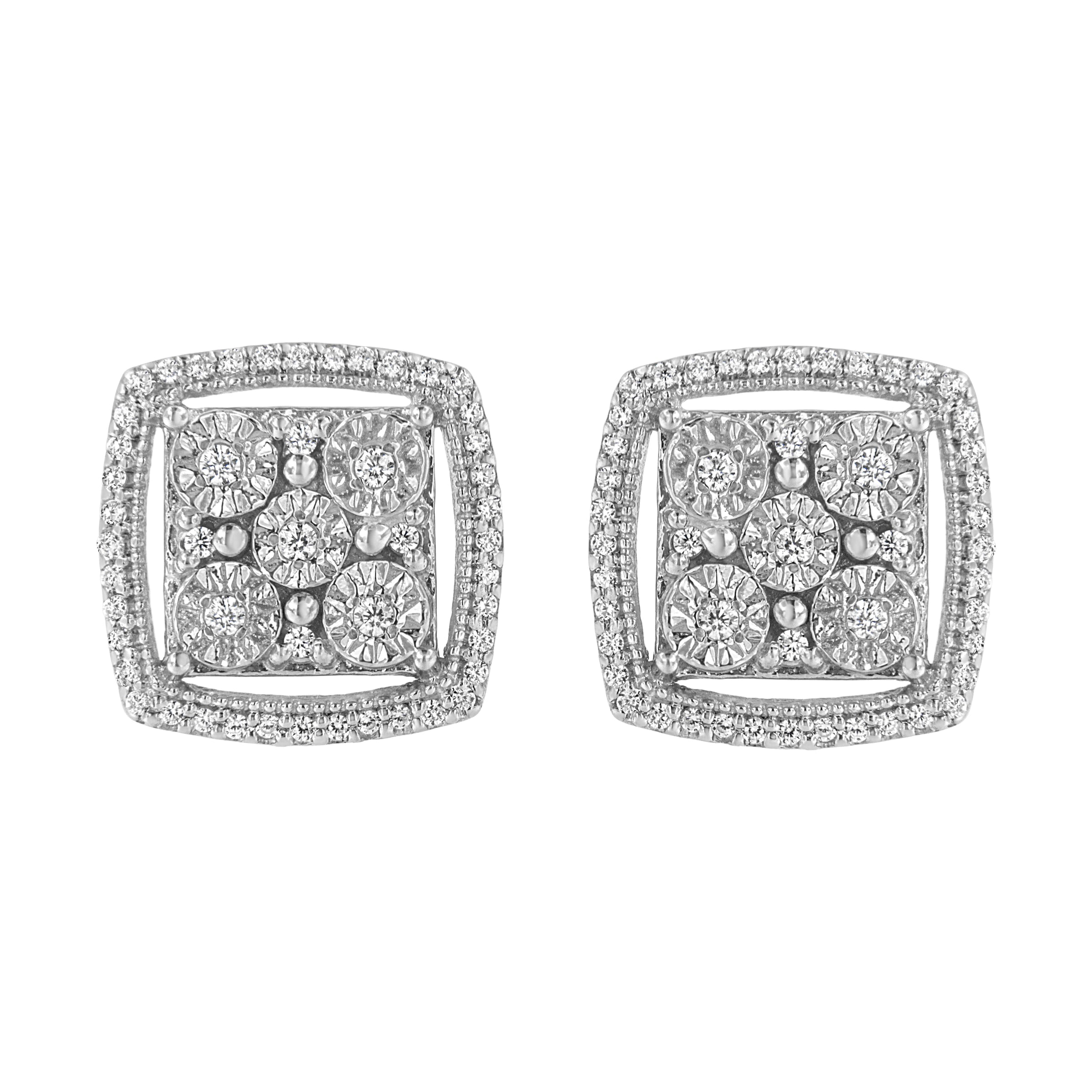 .925 Sterling Silver 3/8 Cttw Miracle Set Round Diamond Double Halo Cluster Earrings (I-J Color, I2-I3 Clarity)