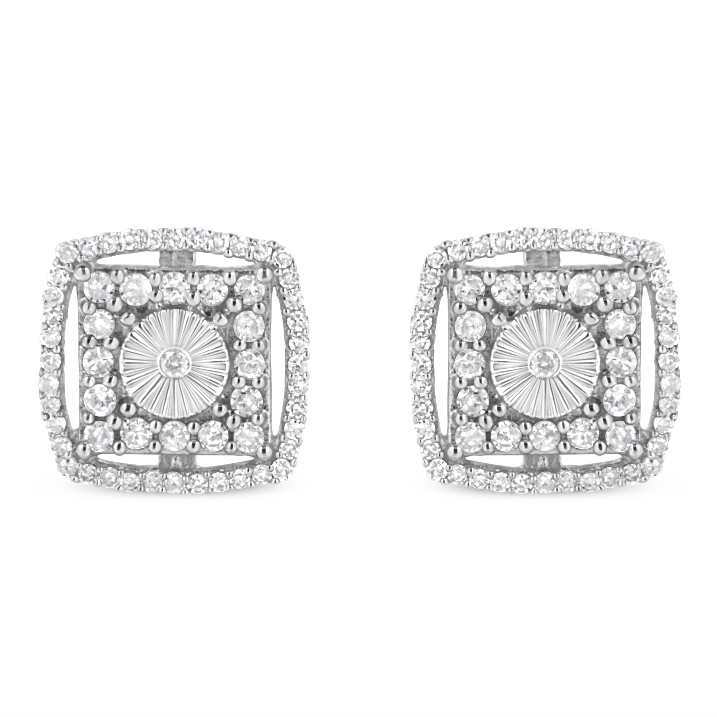 .925 Sterling Silver 1.0 Cttw Round Diamond Double Halo and Disc Stud Earring (I-J Color, I2-I3 Clarity)