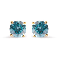 14K Yellow Gold 1.0 Cttw Treated Aqua Blue Diamond Classic Solitaire Stud Earrings (Aqua Blue Color, I2-I3 Clarity)