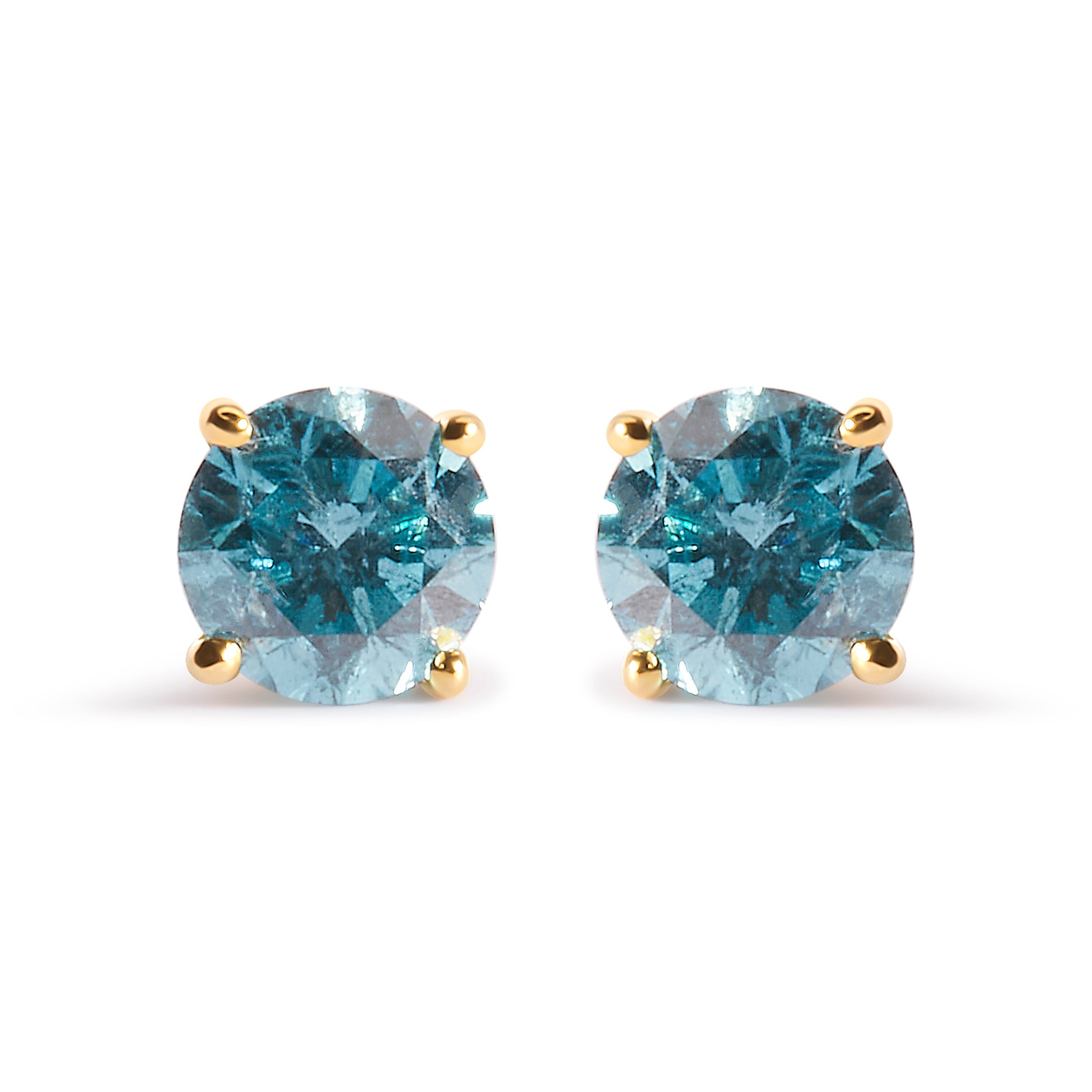 14K Yellow Gold 1.0 Cttw Treated Aqua Blue Diamond Classic Solitaire Stud Earrings (Aqua Blue Color, I2-I3 Clarity)