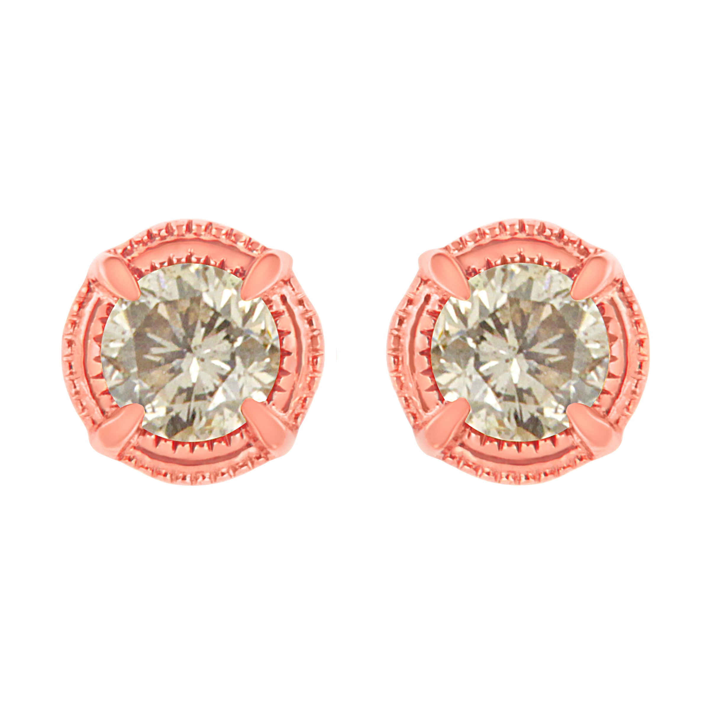 14K Yellow Gold Plated .925 Sterling Silver 1.0 Cttw Round Brilliant Cut Diamond Solitaire Milgrain Stud Earrings (K-L Color, I2-I3 Clarity)