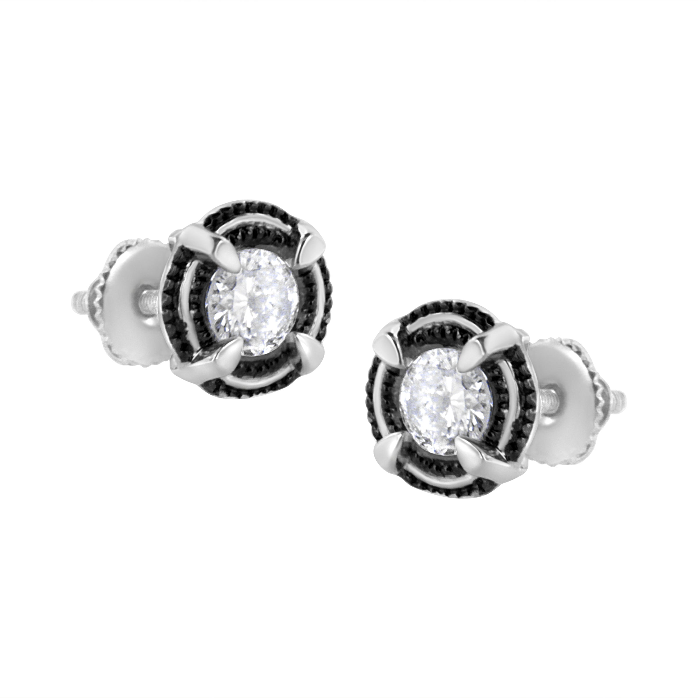 Black Rhodium Plated .925 Sterling Silver Round 1-1/2 cttw Diamond Double Halo 4-Prong Solitaire Milgrain Stud Earrings (H-I Color, I2-I3 Clarity)