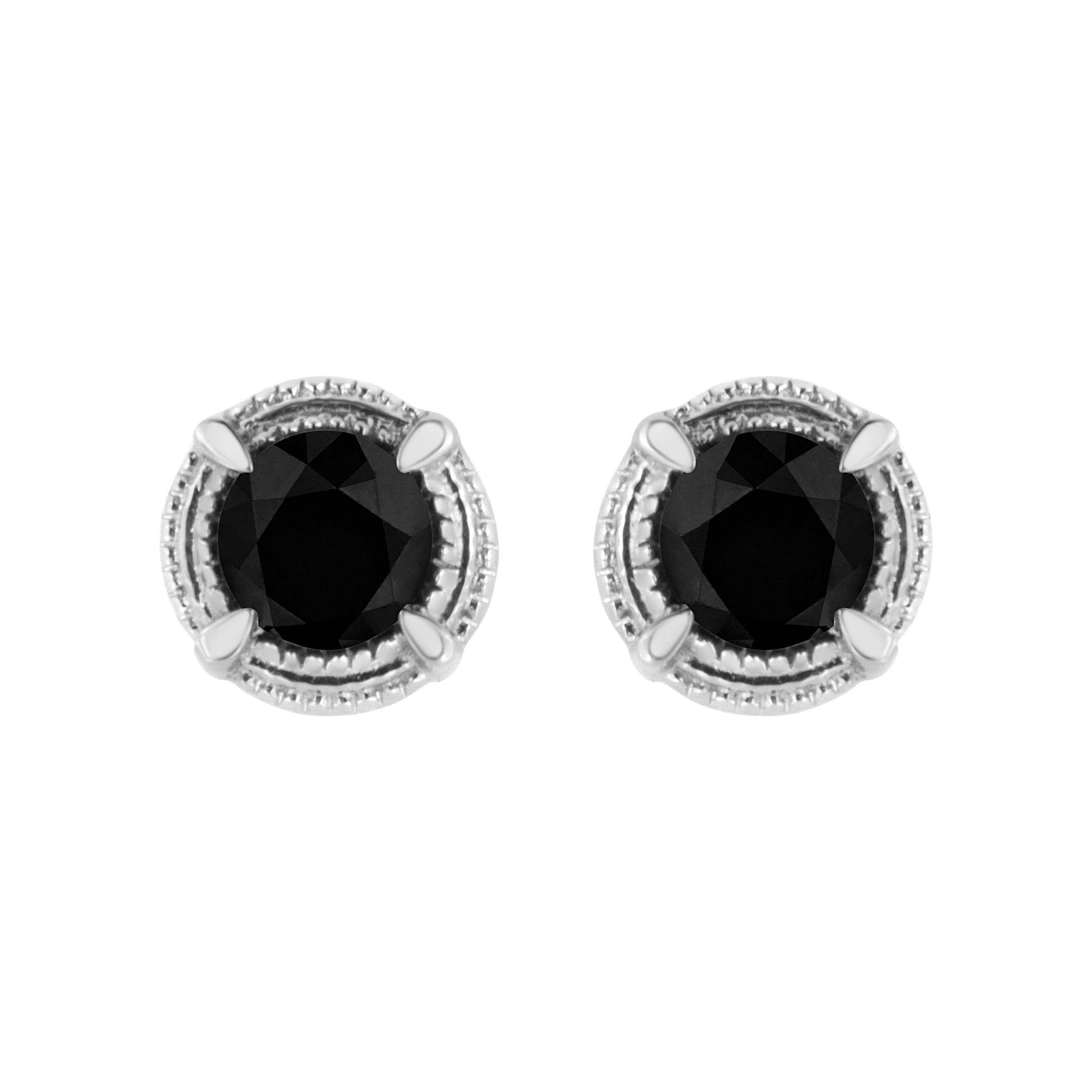 .925 Sterling Silver 1 cttw Treated Black Diamond Modern 4-Prong Solitaire Milgrain Stud Earrings (Black Color, I1-I2 Clarity)