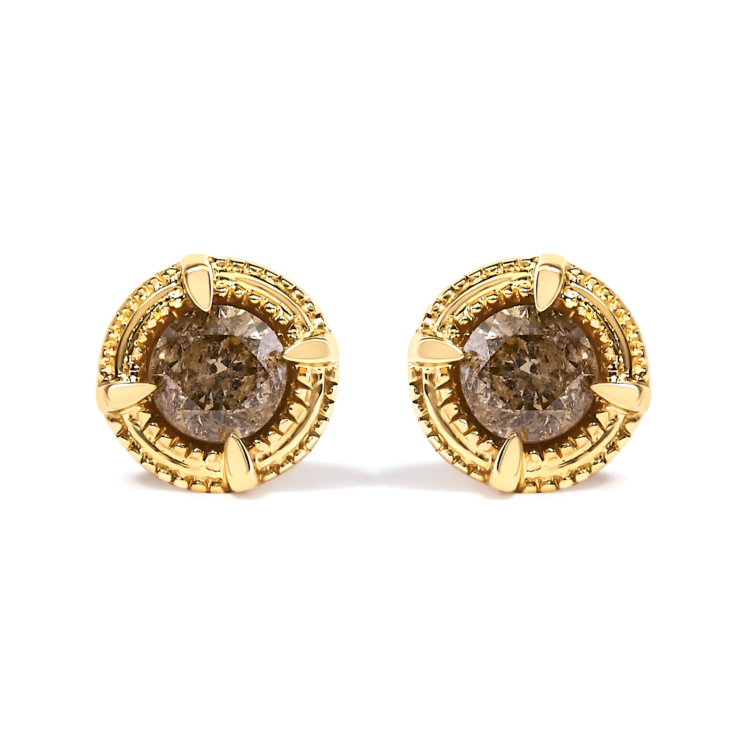 14K Yellow Gold Plated .925 Sterling Silver 1.0 Cttw Round Brilliant Cut Diamond Solitaire Milgrain Stud Earrings (K-L Color, I2-I3 Clarity)