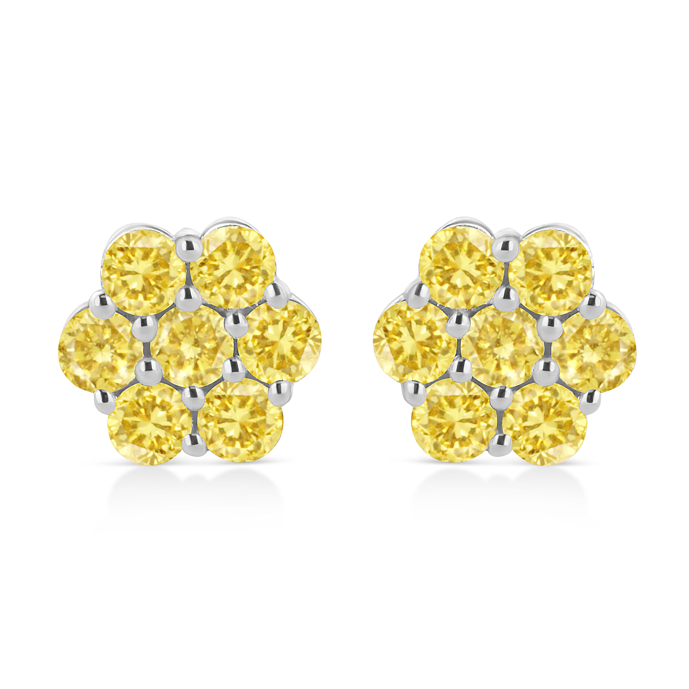.925 Sterling Silver 1/4 Cttw Treated Yellow Diamond Floral Stud Earrings (Yellow Color, I1-I2 Clarity)