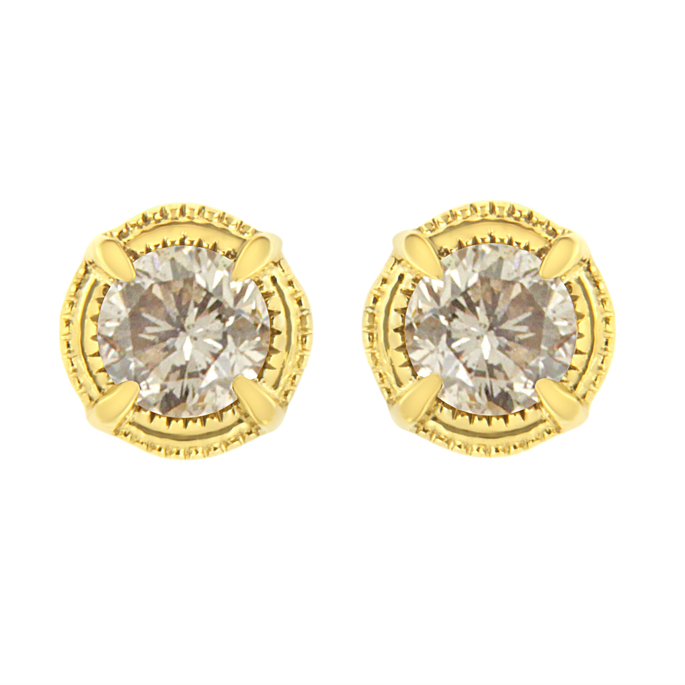 14K Yellow Gold Plated .925 Sterling Silver 1.0 Cttw Round Brilliant Cut Diamond Solitaire Milgrain Stud Earrings (K-L Color, I2-I3 Clarity)