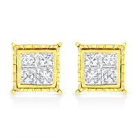 14K Yellow Gold 1.0 Cttw Invisible Set Princess-Cut Diamond Composite 8 Stone Stud Earrings (I-J Color, SI1-SI2 Clarity)