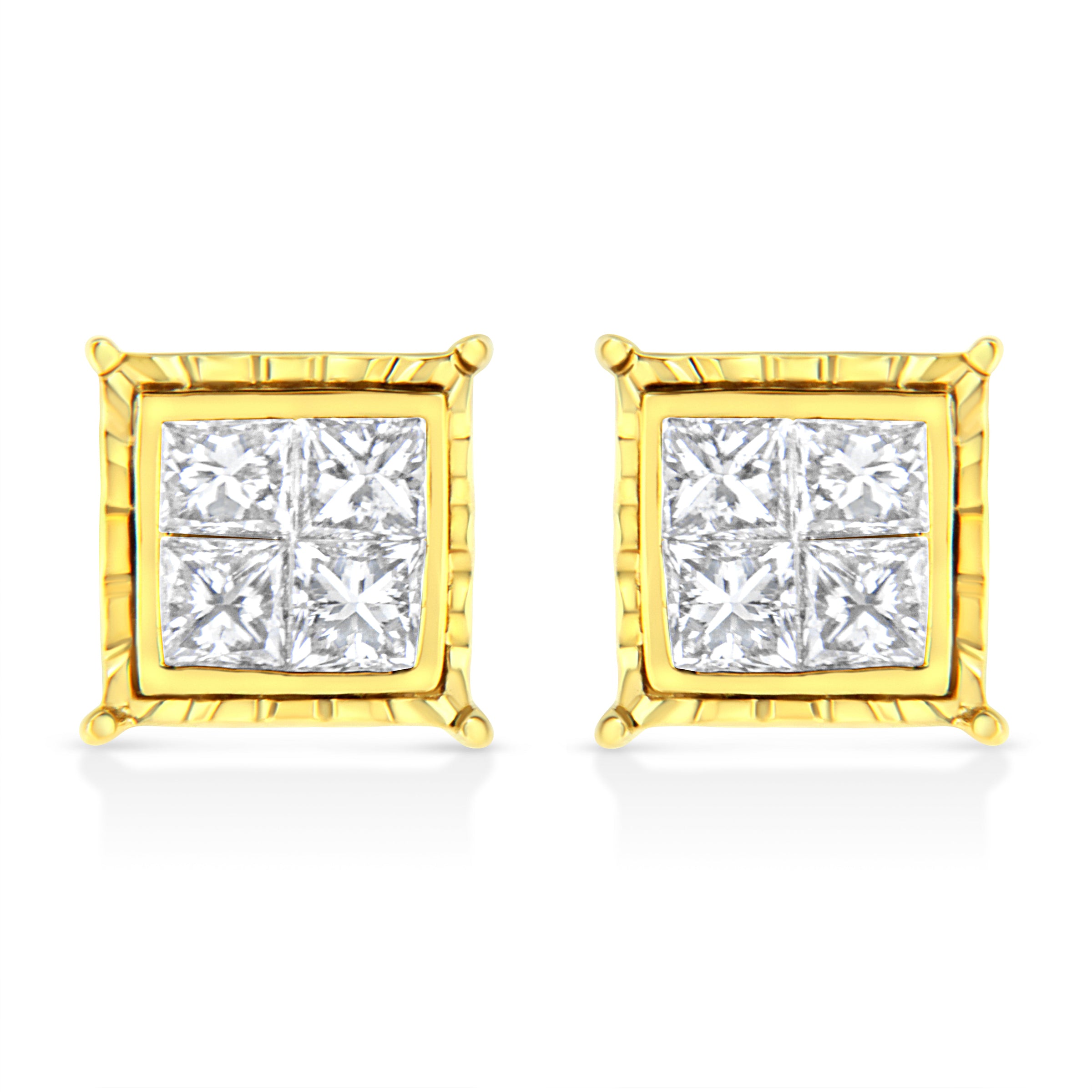 14K Yellow Gold 1.0 Cttw Invisible Set Princess-Cut Diamond Composite 8 Stone Stud Earrings (I-J Color, SI1-SI2 Clarity)